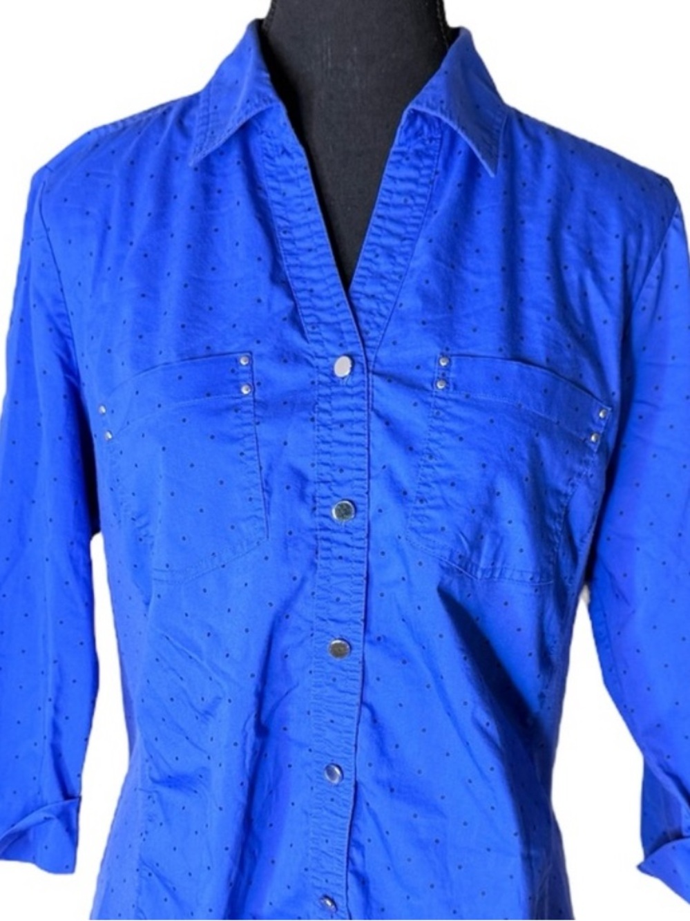 CROFT & BARROW Cobalt Blue Black Polka Dot Blouse Button Down Western Medium